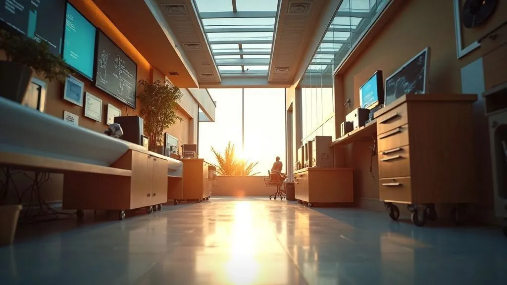 A modern living room with smart devices and automation.