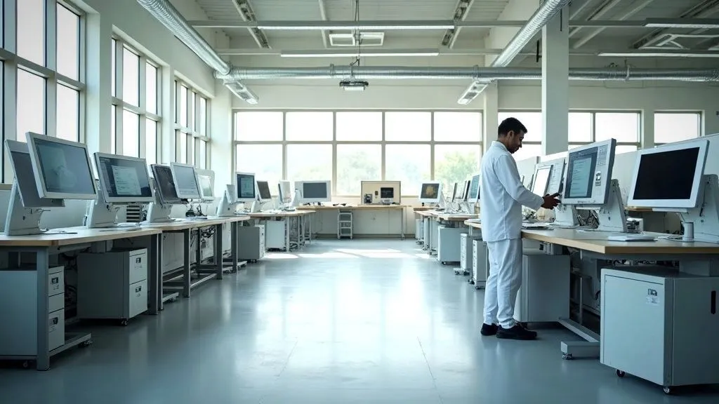A person using multiple devices efficiently at a modern workspace