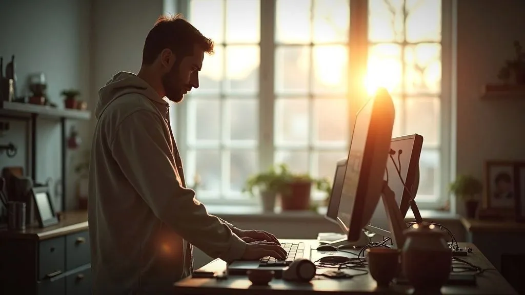 Person using a laptop with digital security graphics overlay